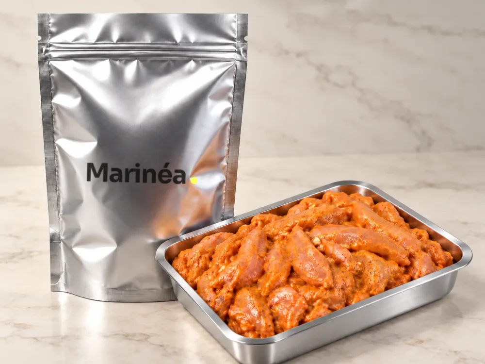 Photo réelle : tenders de poulet marinés, crus, dans un bac inox, à côté d’un sachet aluminium Marinéa.