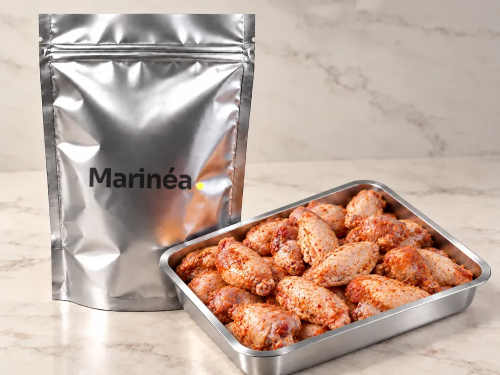 Photo réelle : wings de poulet marinées, crues, dans un bac inox, à côté d’un sachet aluminium Marinéa.